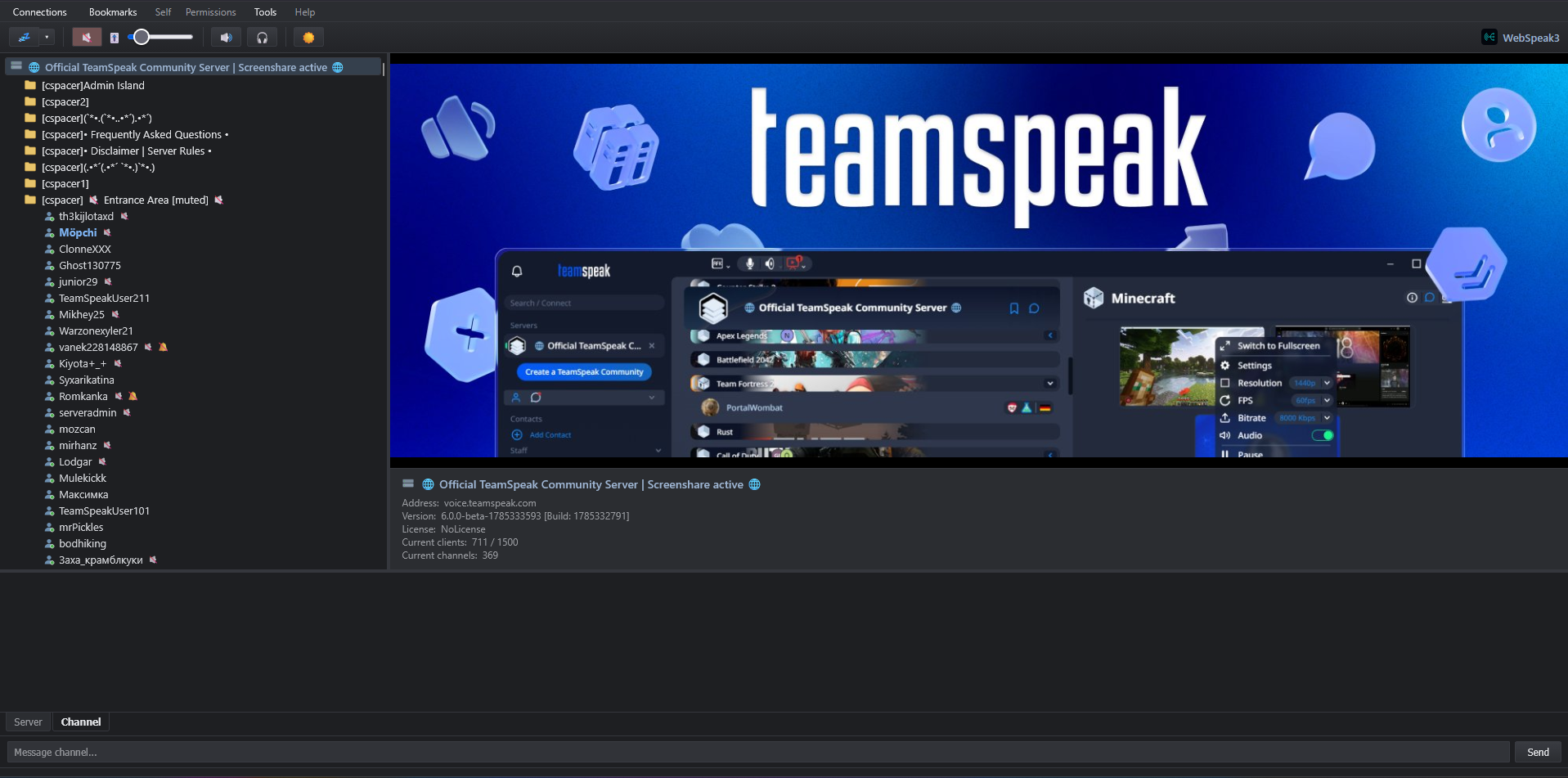WebSpeak3 Client im Dark Mode